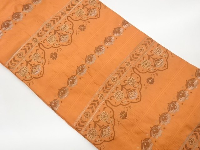 横段に花葉・幾何学模様織出し名古屋帯